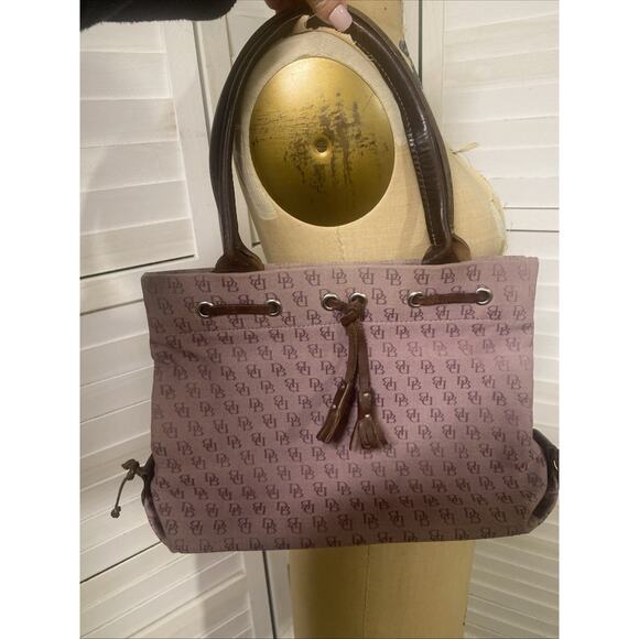 90s DOONEY & BOURKE Eggplant Canvas Sig Logo TOTE Leather Trim Double Handle - Picture 1 of 12
